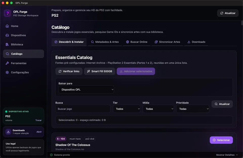 Essentials Catalog discover-and-install tab with tier/media filters and Smart Fill
