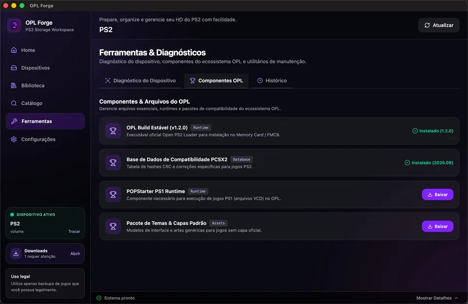 OPL Components catalog listing installed and available build, runtime, and asset packages