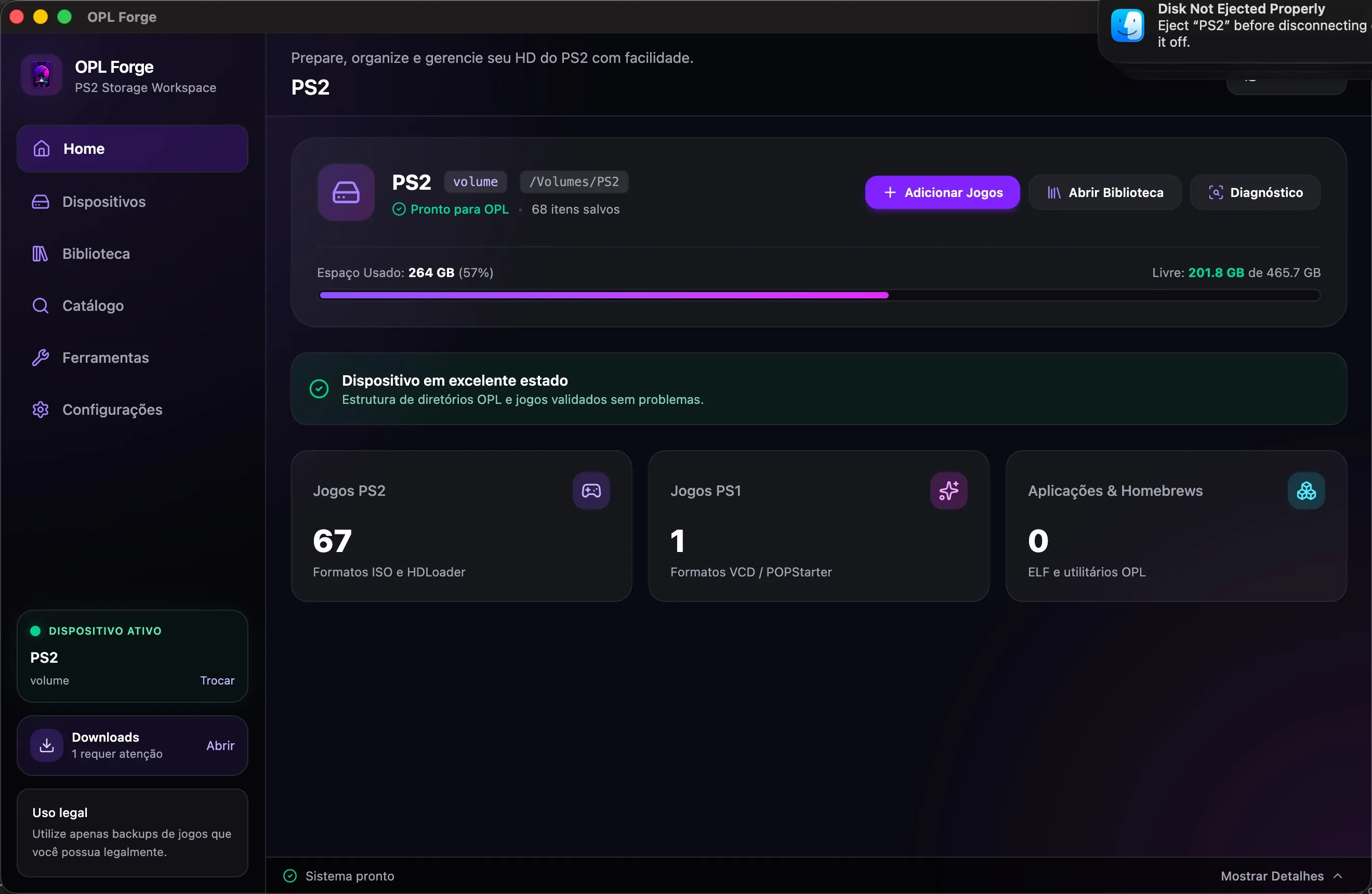 OPL Forge home workspace showing connected device space, game count, and health metrics
