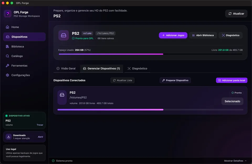 Manage Devices tab listing connected PS2 storage with prepare and add-local-folder actions