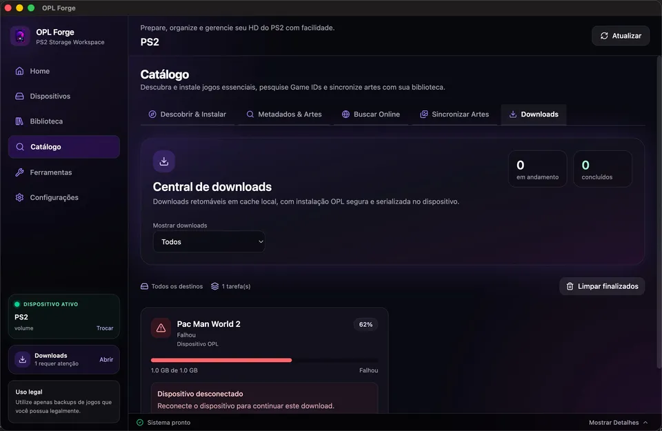 Download Center listing in-progress and failed background operations