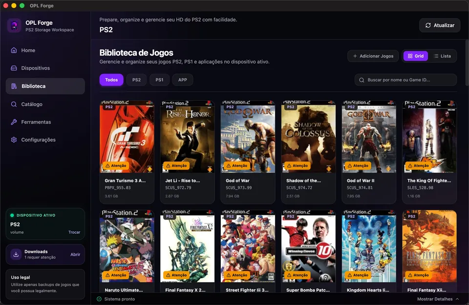 Game library grid view with real PS2 box art and attention badges