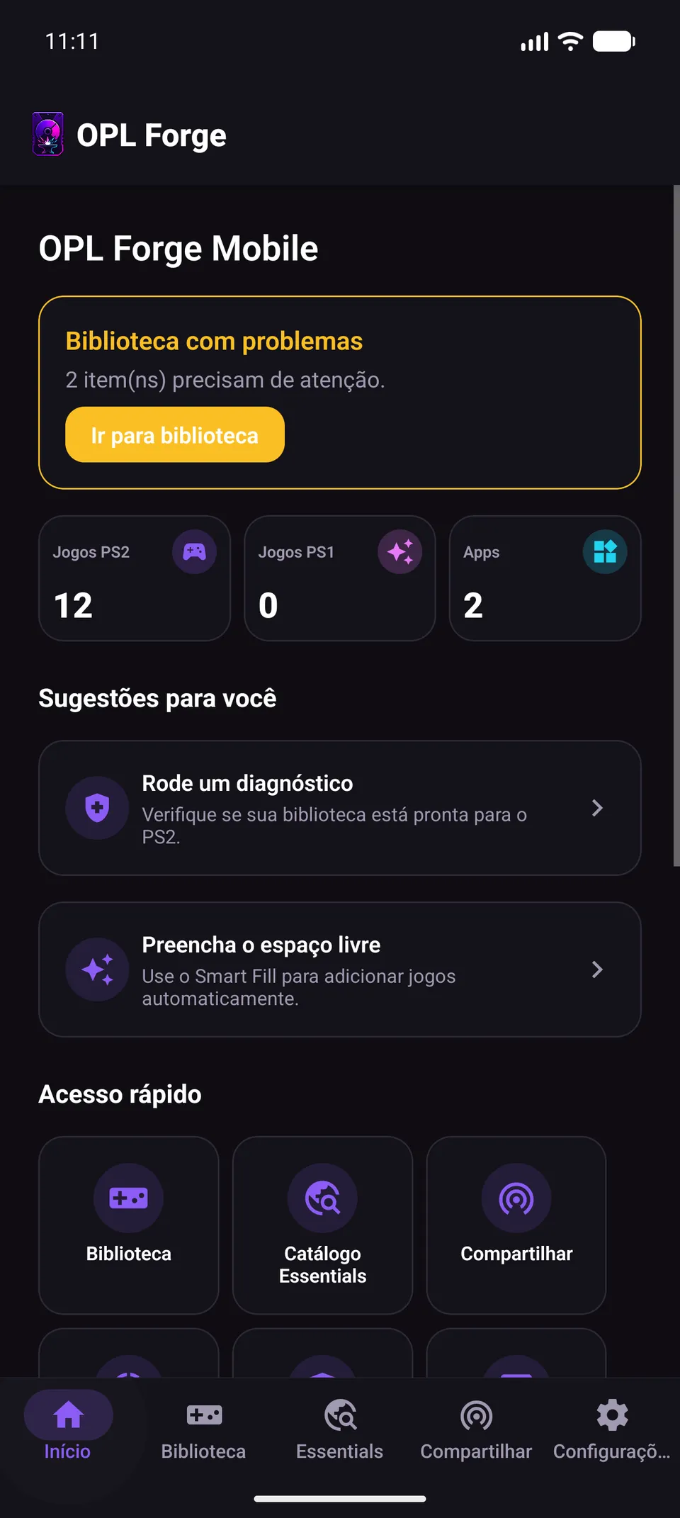 OPL Forge Android home screen with cataloged library shortcuts, counters, and suggestions