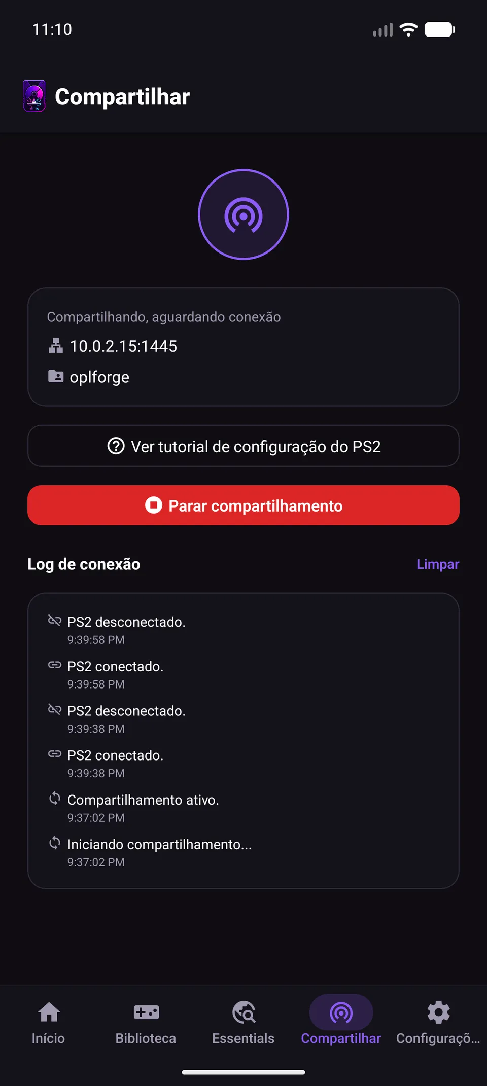 OPL Forge Android SMB sharing screen for connecting a PS2 to the library