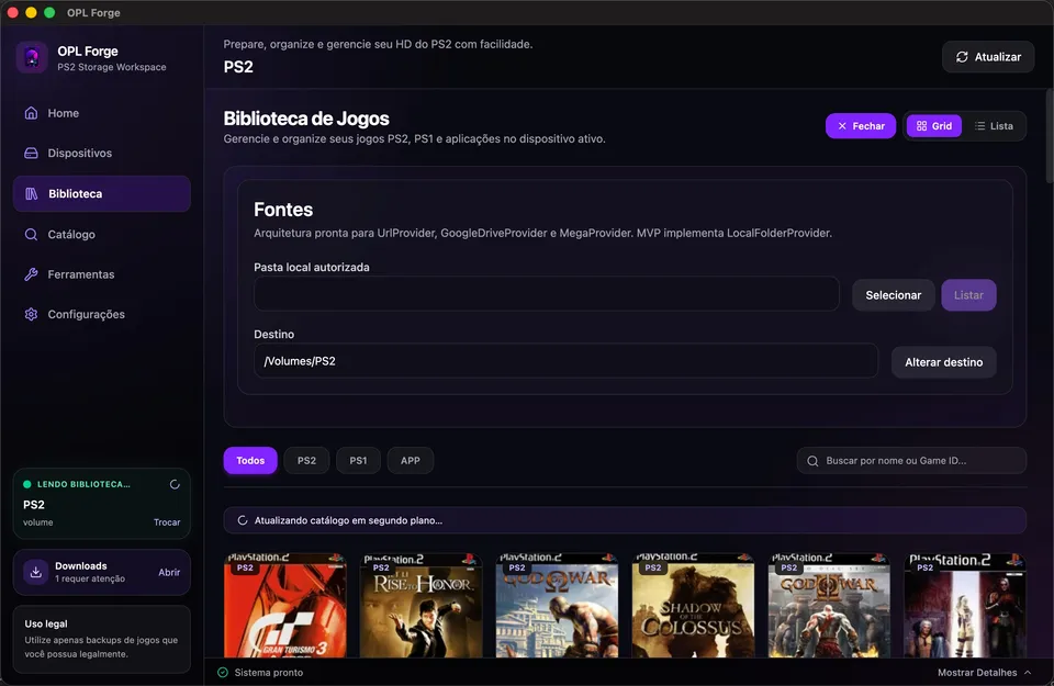 Add Games panel with local-folder source and PS2/PS1/APP filtering over a real library grid