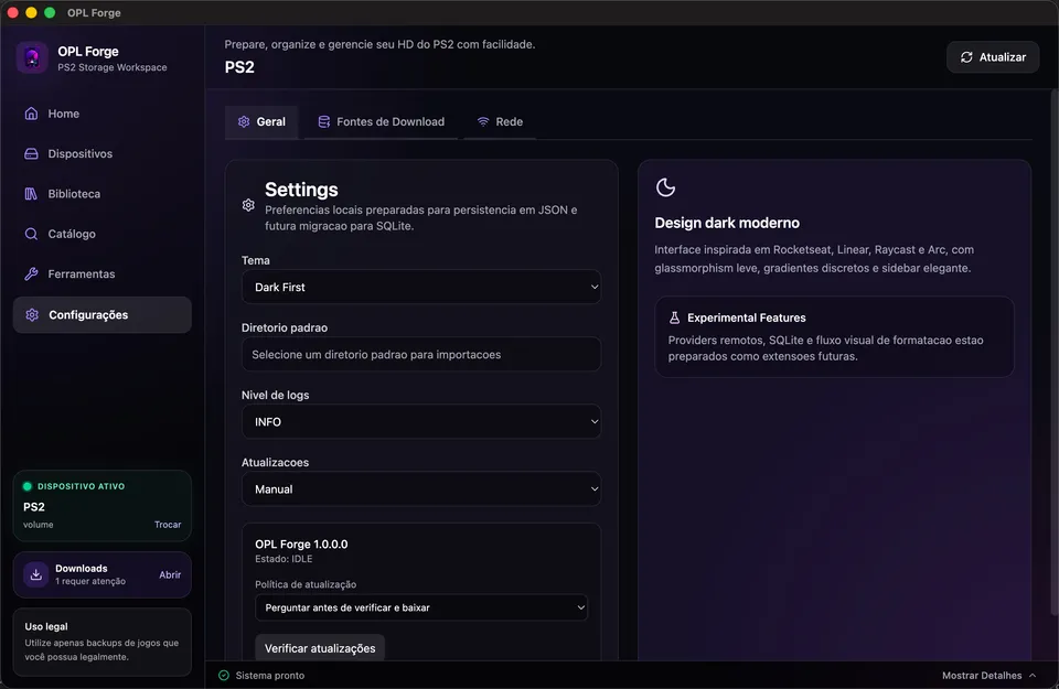 General settings tab with theme, default directory, log level, and update policy